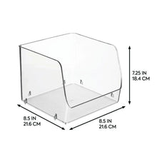 Stacking open-front pantry bin size diagram, clear plastic, 7.25 in tall