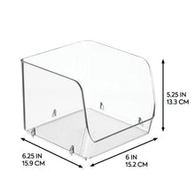 Clear open-front pantry bin with wire mesh base, 6 in wide, 5.25 in high