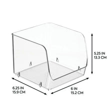 Stacking open-front pantry bin size diagram, clear plastic, 5.25 in tall