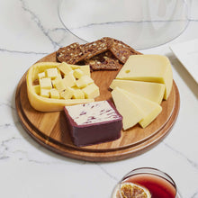 Wood serving plate with cheese and crackers