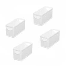 Four empty white plastic storage bins with front handle cutouts