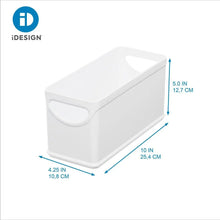 White kitchen storage bin with handle, shown with size measurements