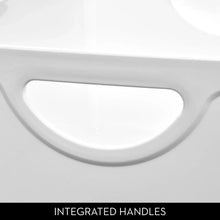 White plastic organization bin with integrated handle cutout