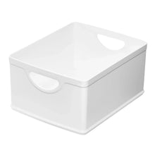 White rectangular stacking organization bin with side cutout handles and open interior