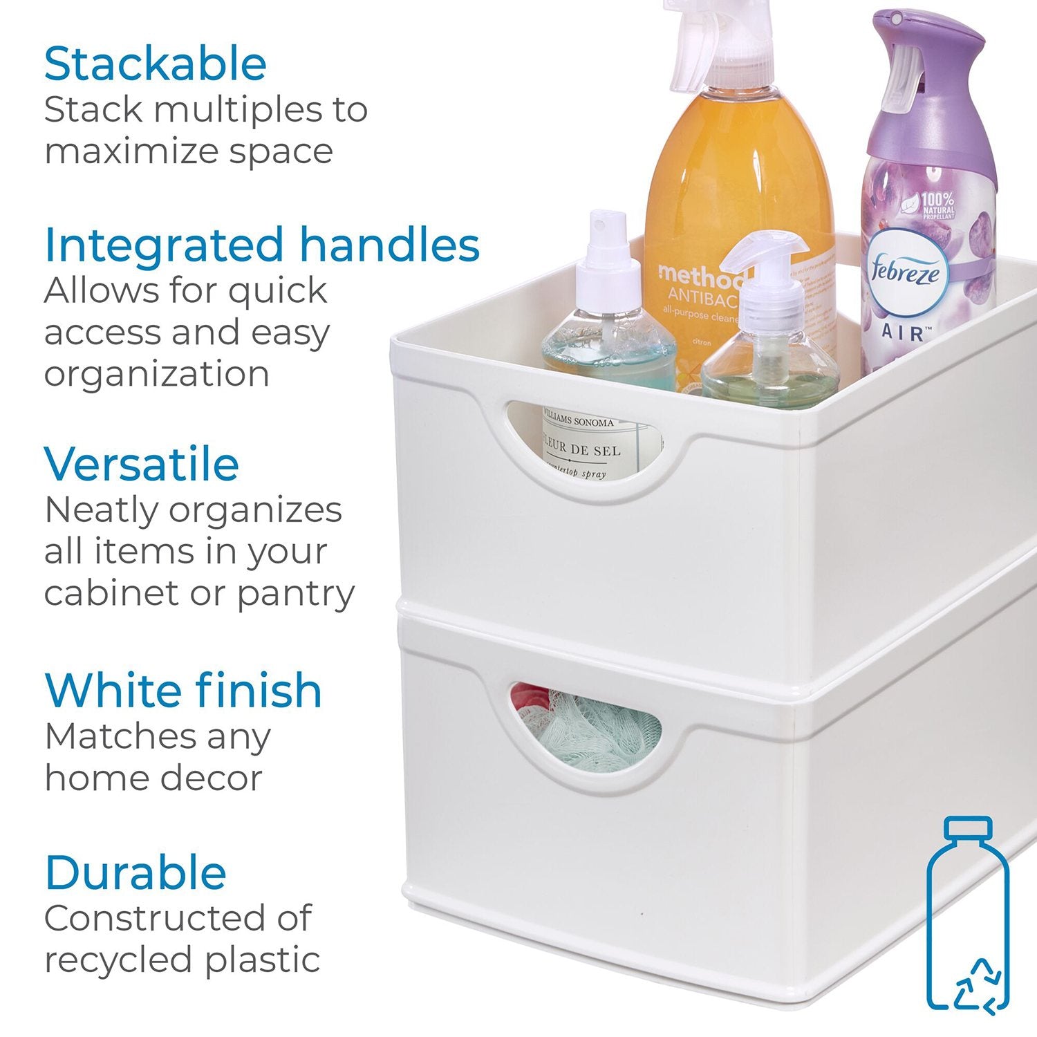 iDesign Set of 2 White Stacking BPA-Free Organization Bins, 5" H x 8" W x 10" D