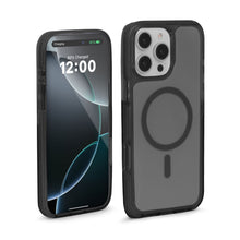 Black iPhone phone case with circular magnetic ring and dual camera cutouts, front/back