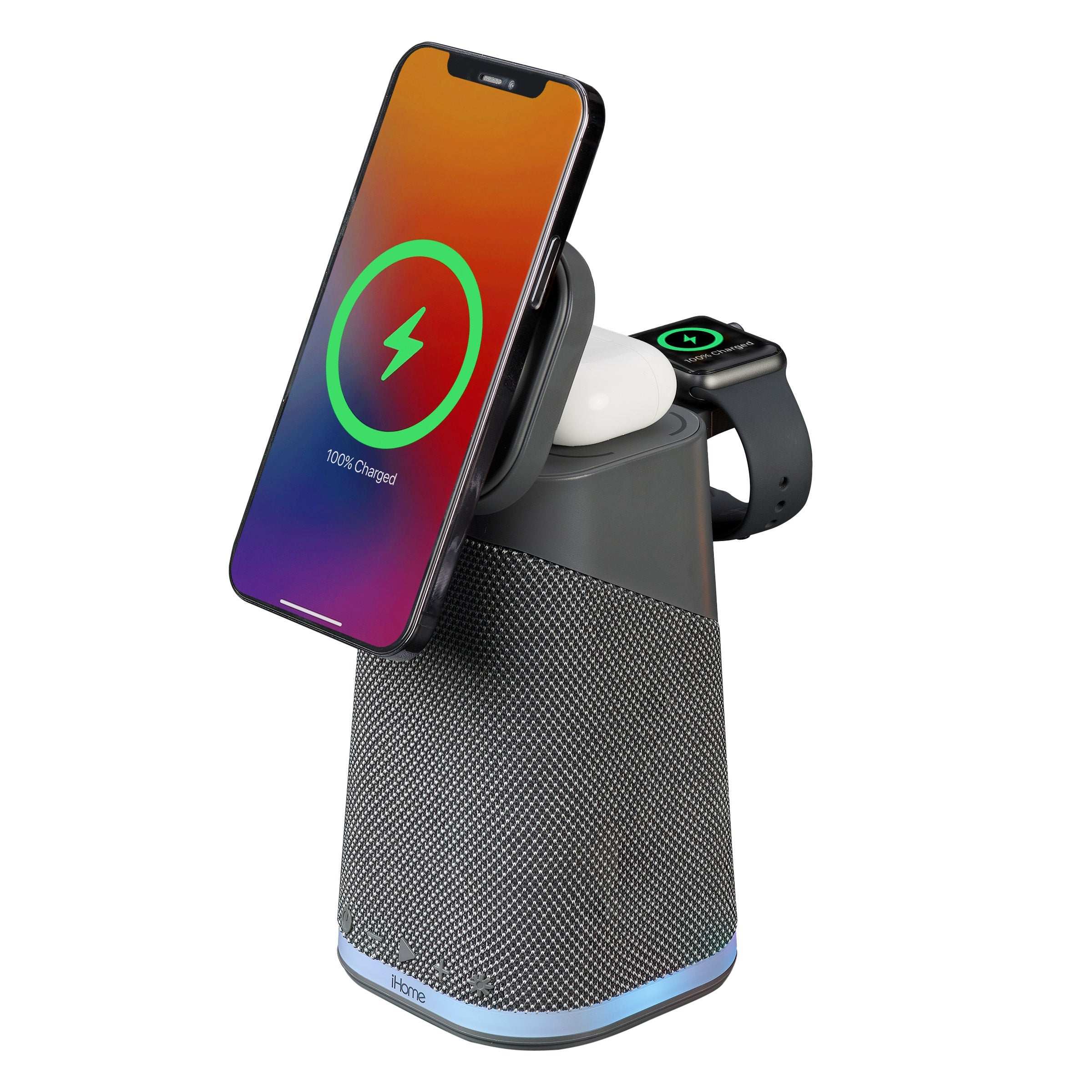 iHome IBT70 Triple Wireless Charging Stand with Bluetooth Speaker
