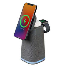 Wireless charging stand with Bluetooth speaker, phone docked on top