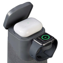 Wireless charging stand with Bluetooth speaker, charging earbuds in cradle