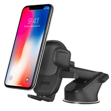 Smartphone car mount with vented cradle and dashboard stand, holding phone, dark gray