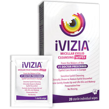 Eyelid cleansing wipes box with one sterile individual wipe, iVIZIA brand