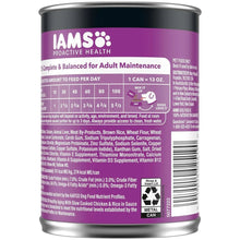IAMS Proactive Health wet dog food can back panel with ingredients and feeding info
