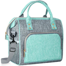 Insulated lunch bag with gray fabric and teal interior, zip top, carry handles