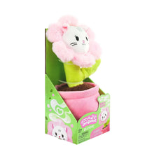 Cat flower plush fragrance toy with green leaves in pink fabric pot inside a retail box
