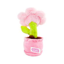 Pink cat flower plush fragrance toy with green leaves in fabric pot, side view