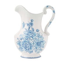 Blue floral stoneware 2-quart pitcher with curved handle and spout