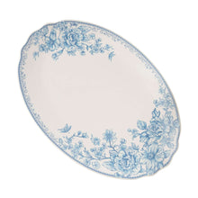 Blue floral stoneware serving platter, 16-inch oval with border and scattered blooms