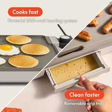 Electric griddle with open drip tray and removable temperature probe for cooking