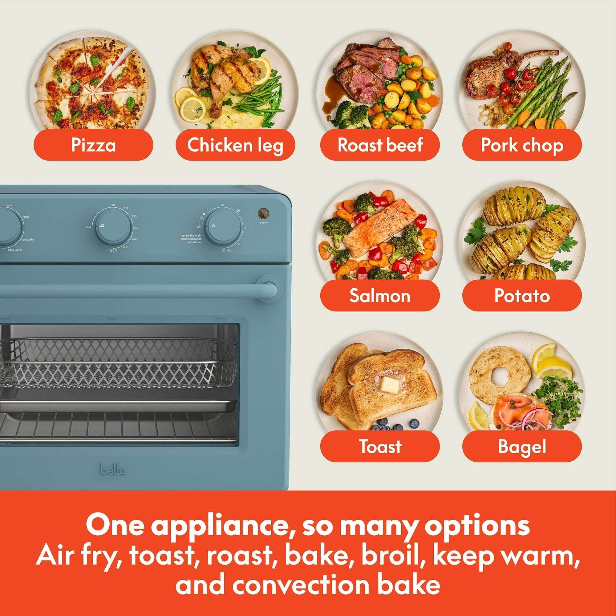 bella 6-Slice Air Fry Toaster Oven with 7 Preset Cooking Options and EverGood™ Nonstick Coated Trays, Surf
