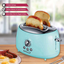 Blue two-slice toaster with wide slots and front buttons, showing toast inside