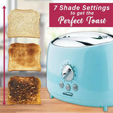 Blue two-slice toaster with toasting dial and chrome top slots, with toasted bread