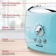Blue two-slice toaster with front dial and toasting buttons beside wide slots