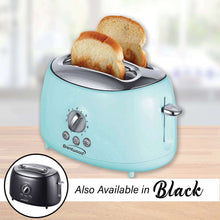 Blue two-slice toaster with wide slots, toast rising, chrome lever and control dial