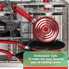 Red nonstick pan and lids in dishwasher rack
