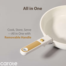 White pan with detachable handle and gold pin, all-in-one cooking cookware