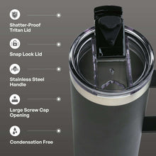 Black insulated travel coffee mug with screw-cap opening and clear lid