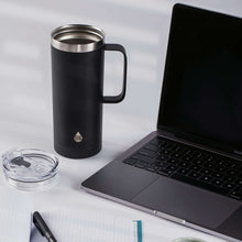 Black insulated travel coffee mug with stainless rim and side handle