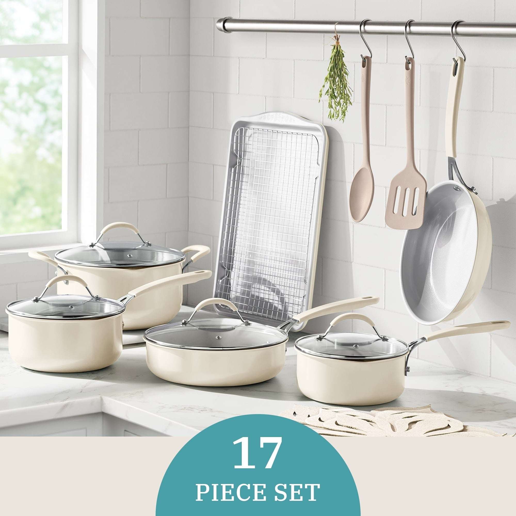 The Pioneer Woman Sutton 17-Piece Ceramic Cookware Set with Strainer Lids and Cookie Sheet with Rack, Cream