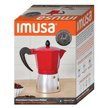 IMUSA boxed 3-cup aluminum espresso maker with red top and silver base