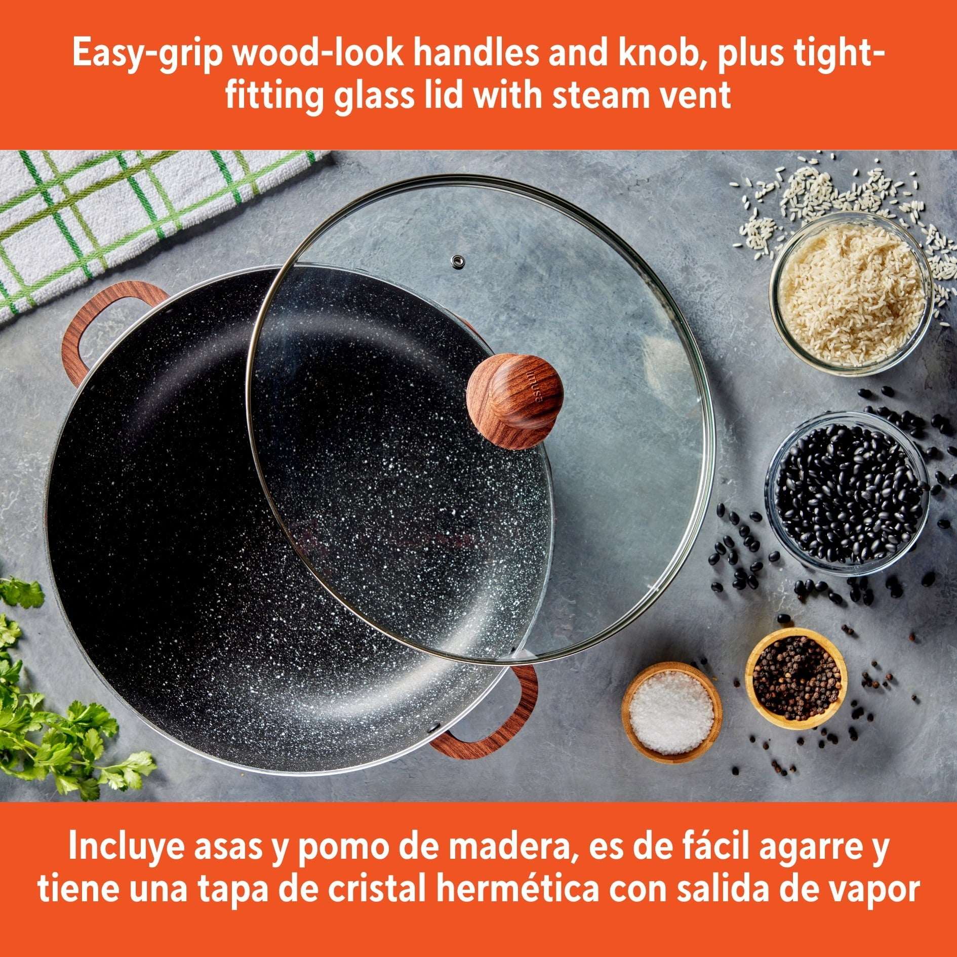 IMUSA 6.9qt Black Stone Aluminum Speckled Nonstick Caldero with Glass Lid & Wood Look Handles, Black