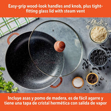 Black nonstick caldero with glass lid, wood-look knob and wood-look handles