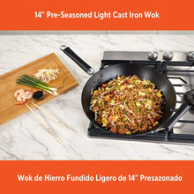 14 in light cast iron wok with cool-touch handles and seasoned black finish