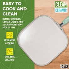 Square nonstick aluminum griddle pan with mint handle and light interior surface.