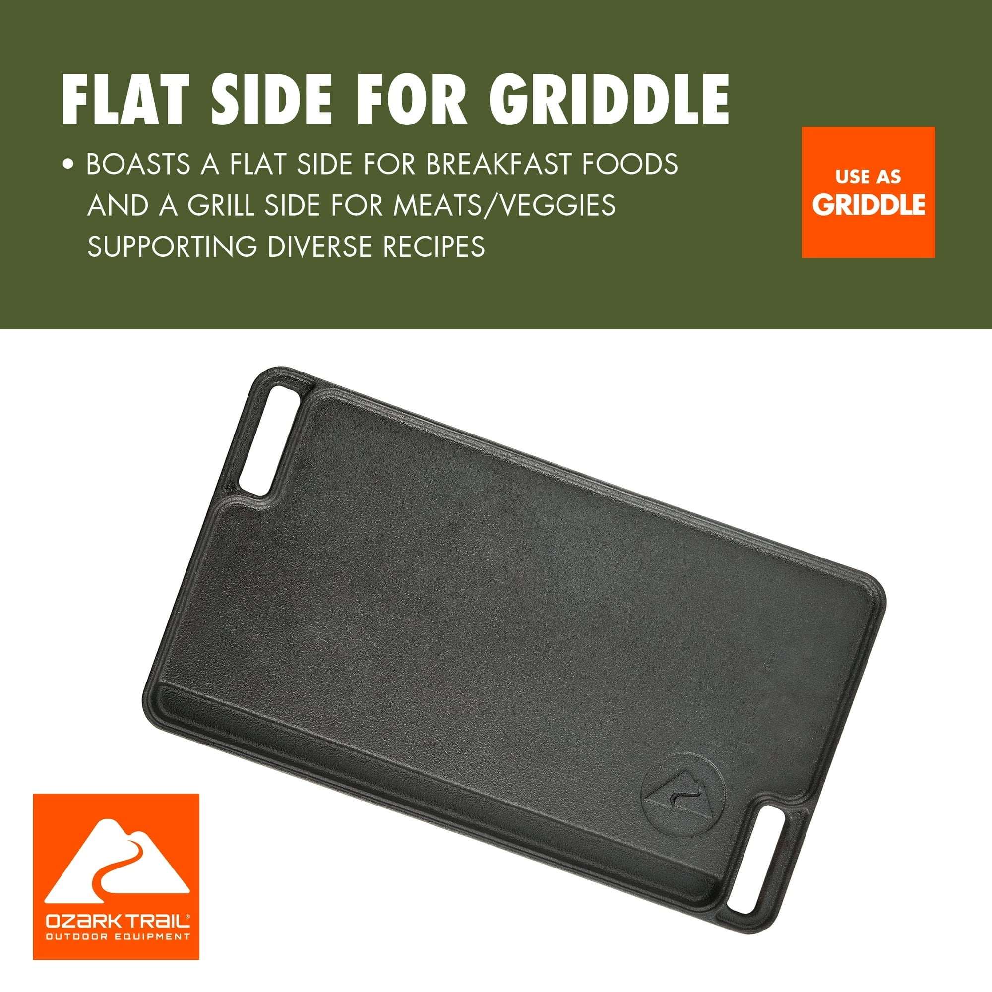 Ozark Trail Deluxe Cast Iron Reversible Grill Griddle Plate, Black, 16 x 9 Inch