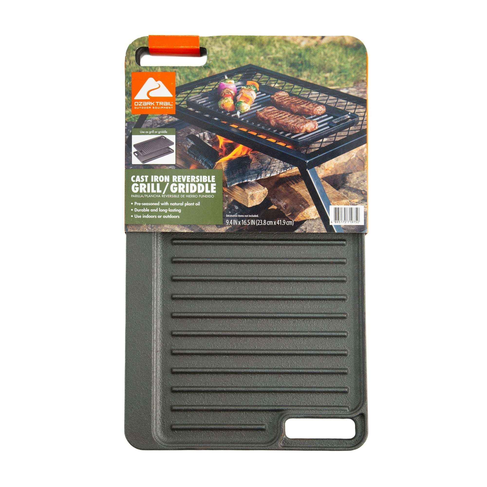 Ozark Trail Deluxe Cast Iron Reversible Grill Griddle Plate, Black, 16 x 9 Inch