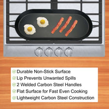 Oval nonstick griddle on stove grate with two side handles, fried eggs and bacon