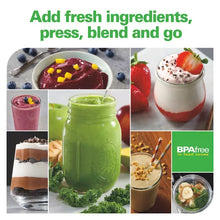 Single-serve blender with smoothie cups filled with fruit drinks