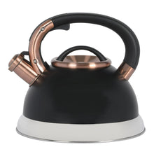 Black tea kettle with copper-toned handle, spout, and stainless base