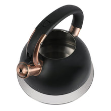 Black tea kettle with copper-toned gooseneck spout, curved handle, and stainless base