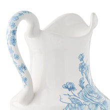 White stoneware pitcher with blue floral border along handle and base
