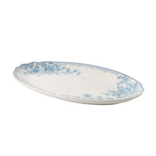 Blue floral stoneware serving platter, 16-inch oval with curved rim