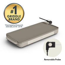 Electric griddle with gray nonstick cooking surface and removable temperature probe