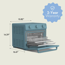 Air fryer toaster oven size diagram view with open door and wire rack