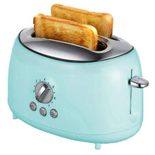 Blue two-slice toaster with wide slots, chrome lever, and front control dial