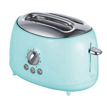 Blue two-slice toaster front view with wide slot openings, chrome lever, and dial