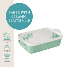 Rectangular mint-green ceramic baker with white platter lid featuring green floral pattern